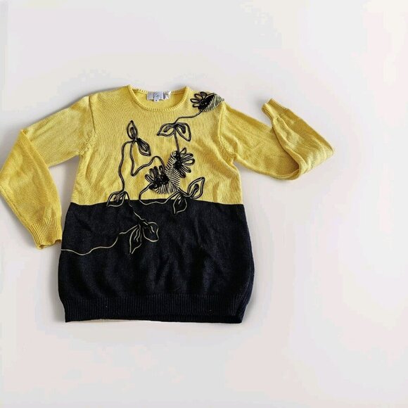 Viti Sweater Women M Black Yellow LS Crewneck Floral Y2K VTG Vintage Whimsical - Picture 9 of 14